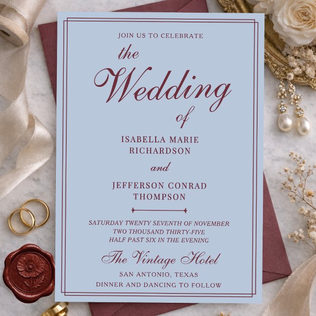 Invitación Classic French Blue & Burgundy Old Money Wedding (Subido por el creador)