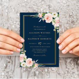 Invitación classic gold frame pink blush floral Navy wedding