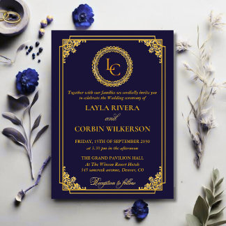 Invitación Classic Gold Frame Royal Monogram Wedding