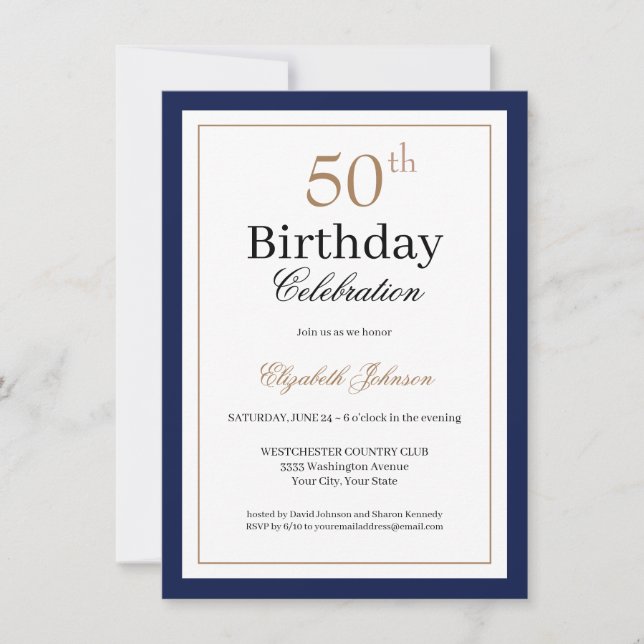 Invitación Classic Gold Navy Blue 50th Birthday Party (Anverso)