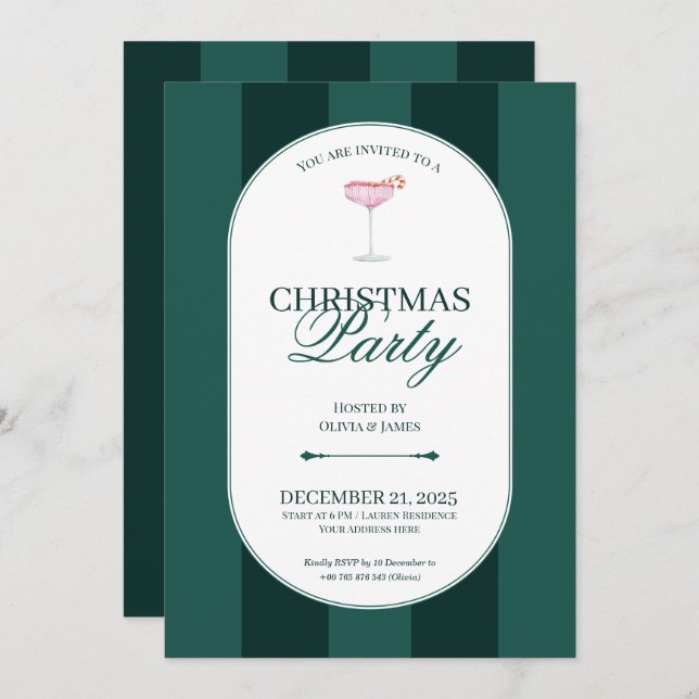 Invitación Classic green stripe Christmas Invitation (Anverso / Reverso)