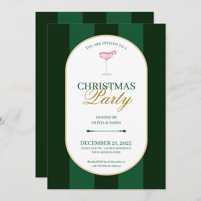 Invitación Classic green stripe Christmas Invitation (Anverso / Reverso)