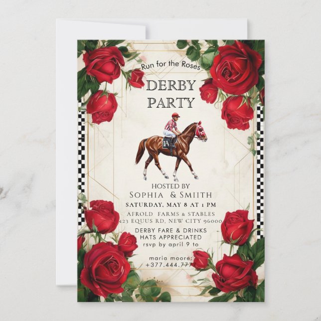 Invitación Classic Kentucky Derby Party Invitation Red Roses  (Anverso)