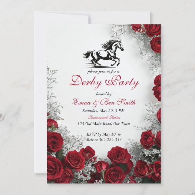 Invitación Classic Kentucky Derby Party Invitation Red Roses  (Anverso)