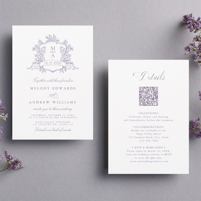 Invitación Classic Lavender Floral Crest Wedding All in One (Subido por el creador)