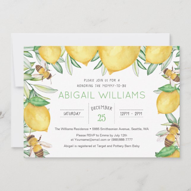 Invitación Classic Lemon Bee Watercolor Greenery Baby Shower (Anverso)