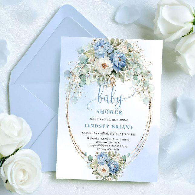 Invitación Classic Light Blue Peonies Eucalyptus Baby Shower (Classic Light Blue Peonies Eucalyptus Baby Shower

)