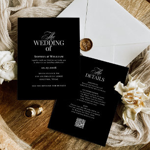 Invitación Classic Luxe Black Boda de código QR todo en uno