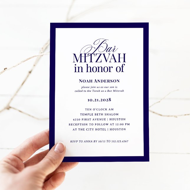 Invitación Classic Luxe | Elegante bar azul y blanco Mitzvah (Subido por el creador)