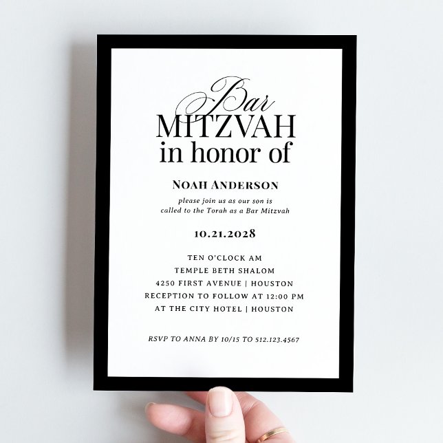 Invitación Classic Luxe | Elegante bar blanco y negro Mitzvah (Subido por el creador)