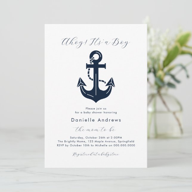 Invitación Classic Maritime Baby Shower Ahoy It’s a Boy  (Anverso de pie)