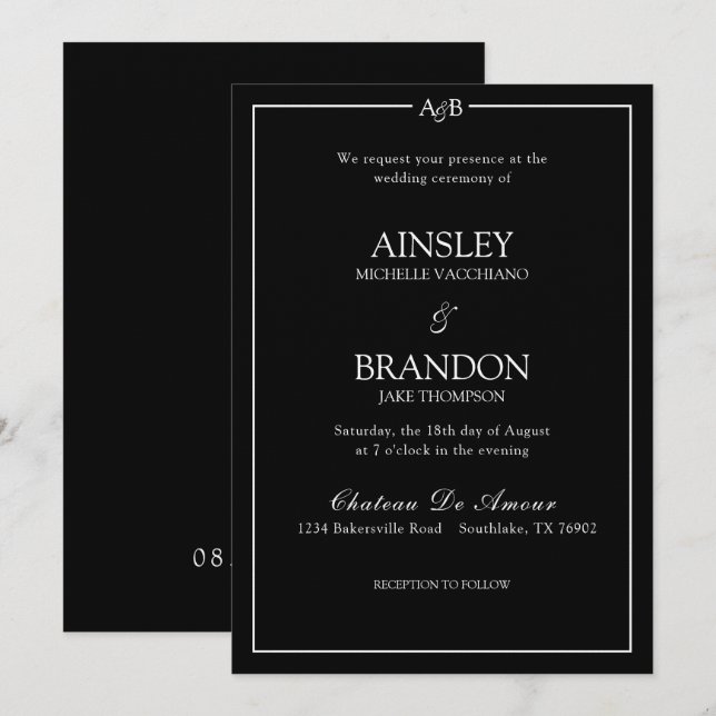 Invitación Classic Minimalist Ampersand Monogram Black White  (Anverso / Reverso)