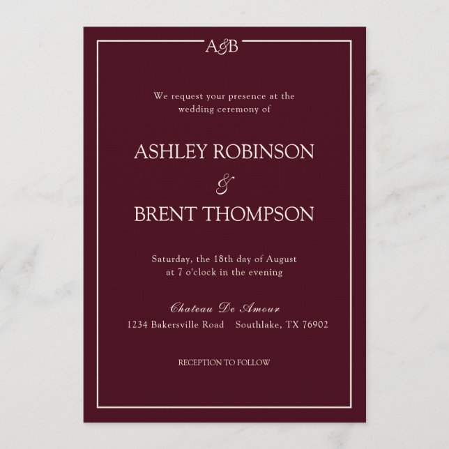 Invitación Classic Minimalist Monogram Burgundy and Ivory  (Anverso)