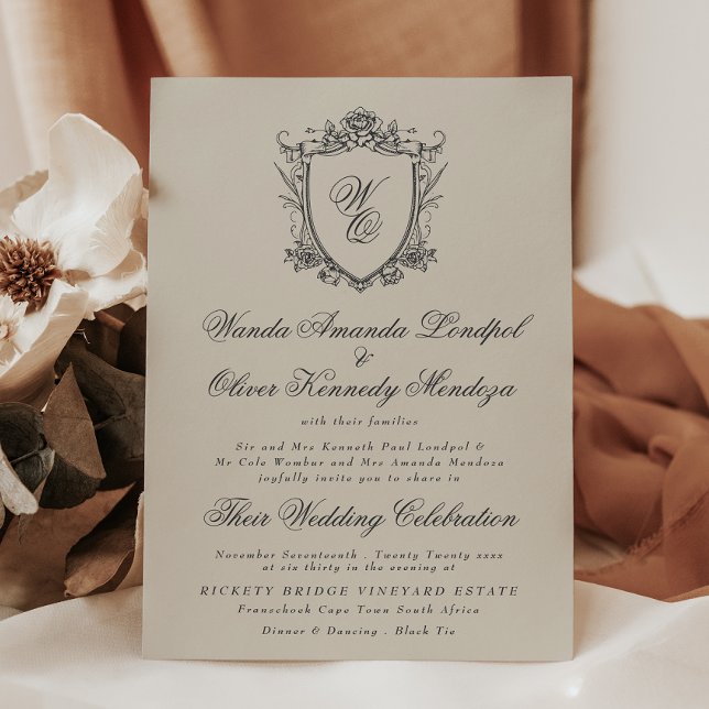 Invitación Classic Monogram Beige Formal Floral Crest Wedding (Subido por el creador)