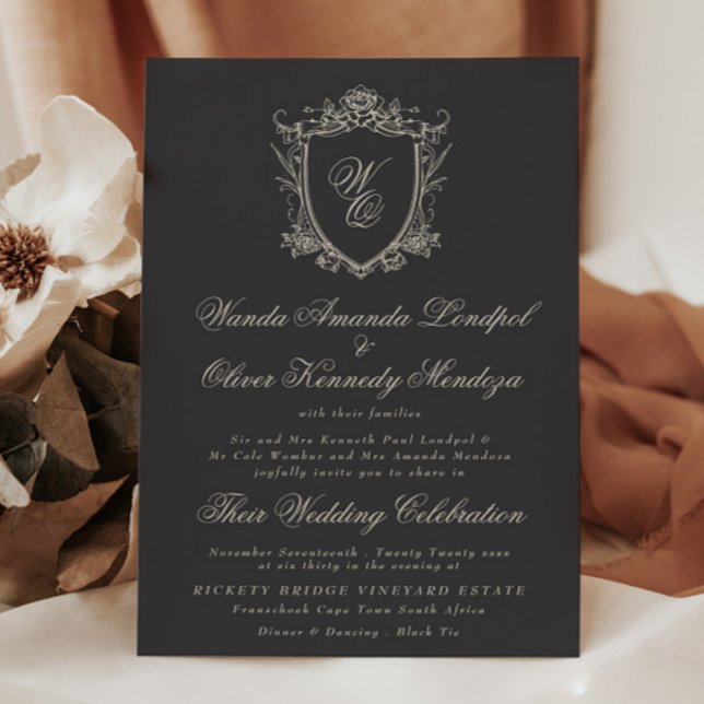 Invitación Classic Monogram Charcoal Floral Crest Wedding (Subido por el creador)