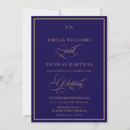 Invitación Classic Monogram Cobalt Blue Gold Wedding
