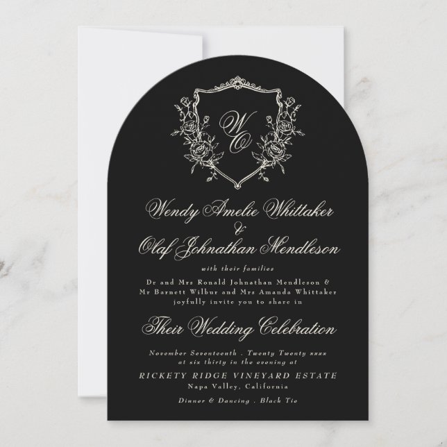Invitación Classic Monogram Wreath Black White Arch Wedding (Anverso)
