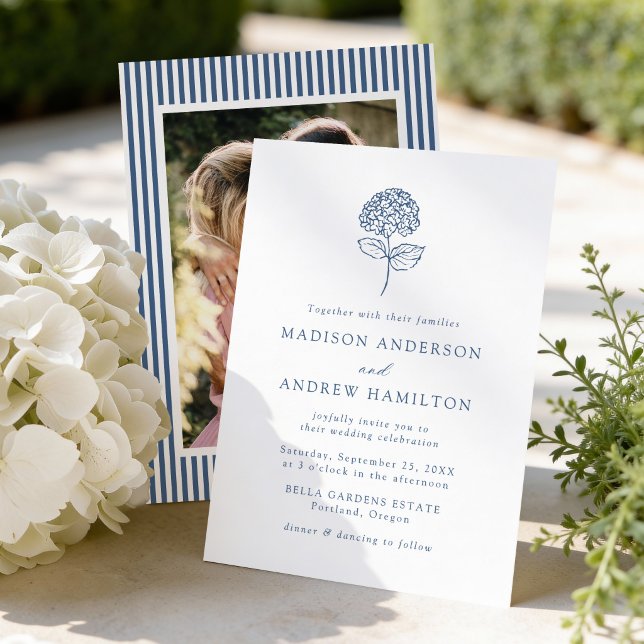Invitación Classic Navy Blue Hydrangea Photo Wedding (Subido por el creador)