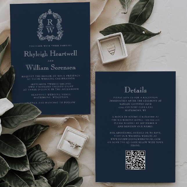 Invitación Classic Navy Blue Monogram Crest QR Code Wedding (Subido por el creador)