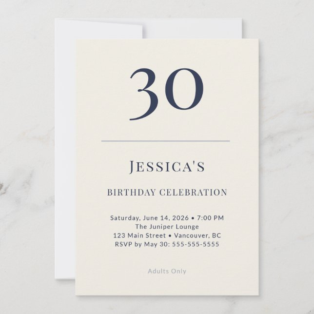 Invitación Classic Navy & Cream 30th Birthday Celebration (Anverso)