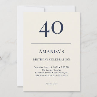 Invitación Classic Navy & Cream 40th Birthday Celebration Inv