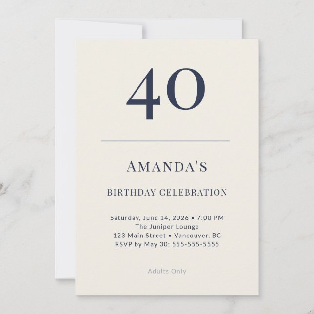 Invitación Classic Navy & Cream 40th Birthday Celebration Inv (Anverso)