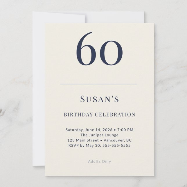 Invitación Classic Navy & Cream 60th Birthday Celebration (Anverso)
