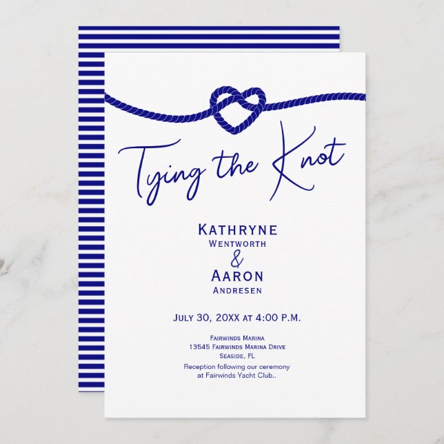 Invitación Classic Navy White Stripes Tying the Knot Wedding  (Anverso / Reverso)