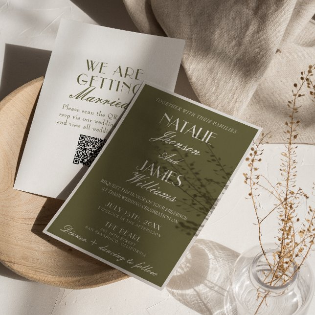 Invitación Classic Olive Green Old Money QR Code Wedding  (Subido por el creador)