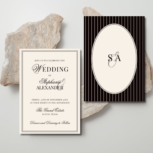Invitación Classic Oval Black Ivory Striped Old Money Wedding (Subido por el creador)