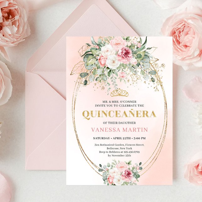 Invitación Classic Pastel Pink Rose Gold Quinceañera Invite (Classic Pastel Pink Rose Gold Quinceañera Invite

)
