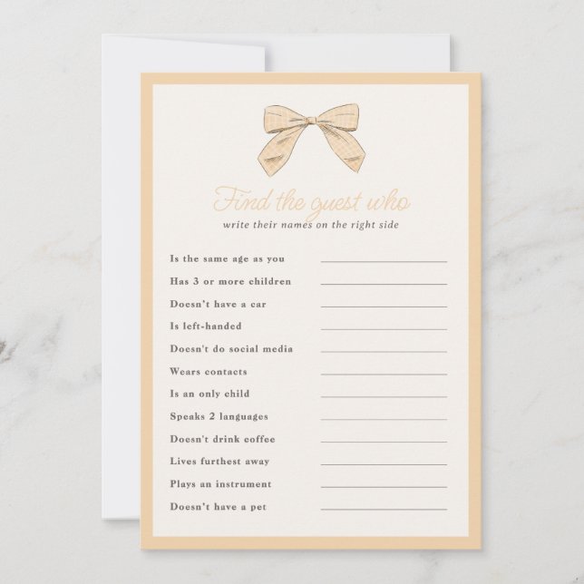 Invitación Classic Peach Bow Find Guest Shower Game Card (Anverso)