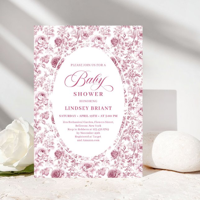 Invitación Classic Pink and White Rose Pattern Baby Shower  (Classic Pink and White Rose Pattern Baby Shower Invite)
