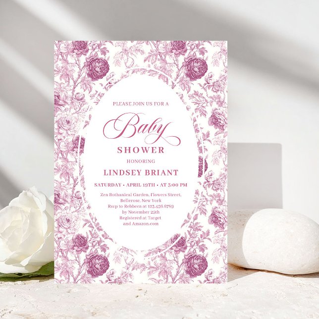 Invitación Classic Pink and White Roses Toile Baby Shower  (Classic Pink and White Roses Toile Baby Shower Invite)
