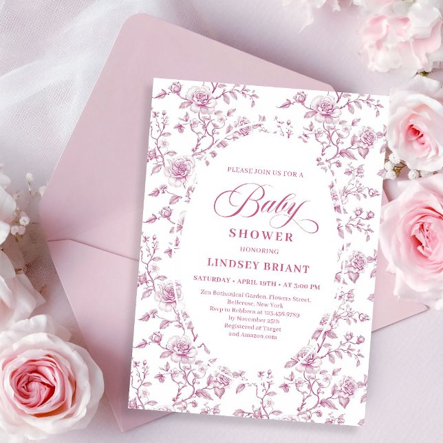 Invitación Classic Pink and White Roses Toile Baby Shower  (Classic Pink and White Roses Toile Baby Shower Invitation)