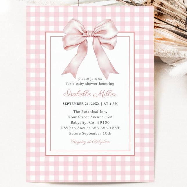 Invitación Classic Pink Bow Gingham Chica Baby Shower (Classic Pink Bow Gingham Girl Baby Shower Invitation)