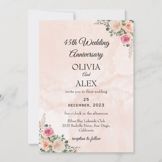Invitación Classic Pink Cream Floral Wedding Anniversary  (Anverso)