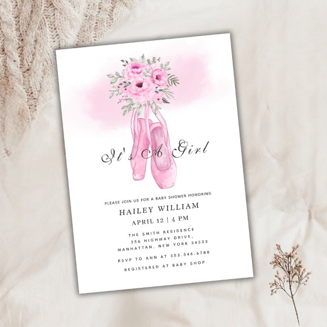 Invitación Classic Pink Floral Ballerina Shoes Baby Shower (Classic Pink Floral Ballerina Shoes Baby Shower Invitation)