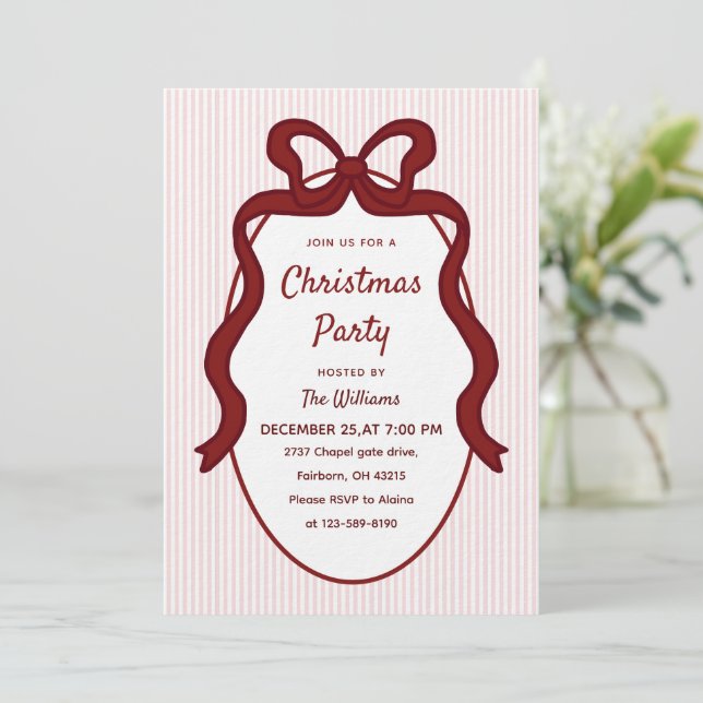 Invitación Classic Pink Stripes & Red Bow Frame Christmas  (Anverso de pie)