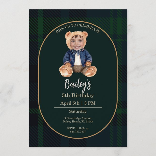 Invitación Classic Plaid Little Bear Birthday Photo (Anverso)