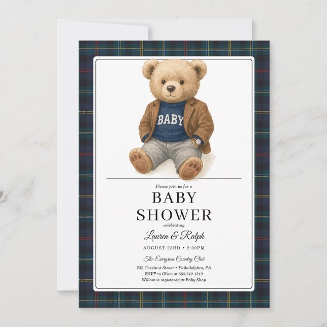 Invitación Classic Plaid Teddy Bear Baby Shower (Anverso)