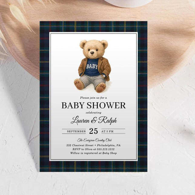 Invitación Classic Plaid Teddy Bear Lauren Baby Shower (Subido por el creador)