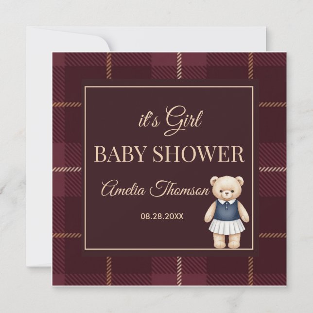 Invitación Classic Polo Teddy Bear Preppy Plaid Baby Shower  (Anverso)