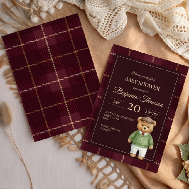 Invitación Classic Polo Teddy Bear Preppy Plaid Baby Shower (Subido por el creador)