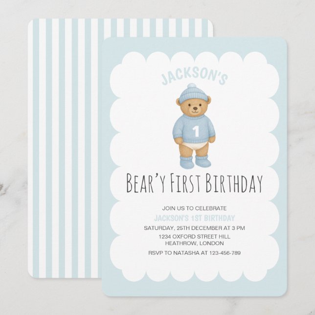 Invitación Classic Preppy Bear Blue Boy Birthday (Anverso / Reverso)