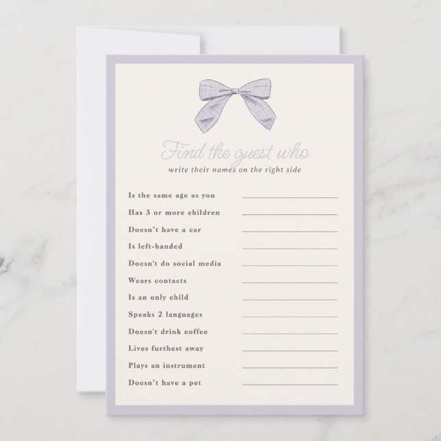 Invitación Classic Purple Bow Find Guest Shower Game Card (Anverso)