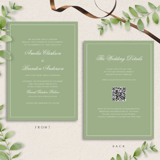 Invitación Classic Real Sage Green Border Wedding QR Code (Subido por el creador)
