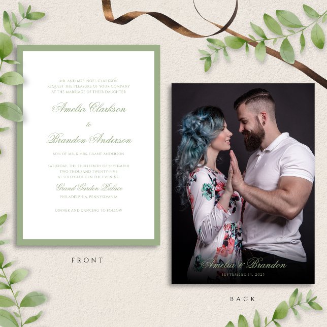 Invitación Classic Real Sage Green Script & Photo Wedding (Subido por el creador)