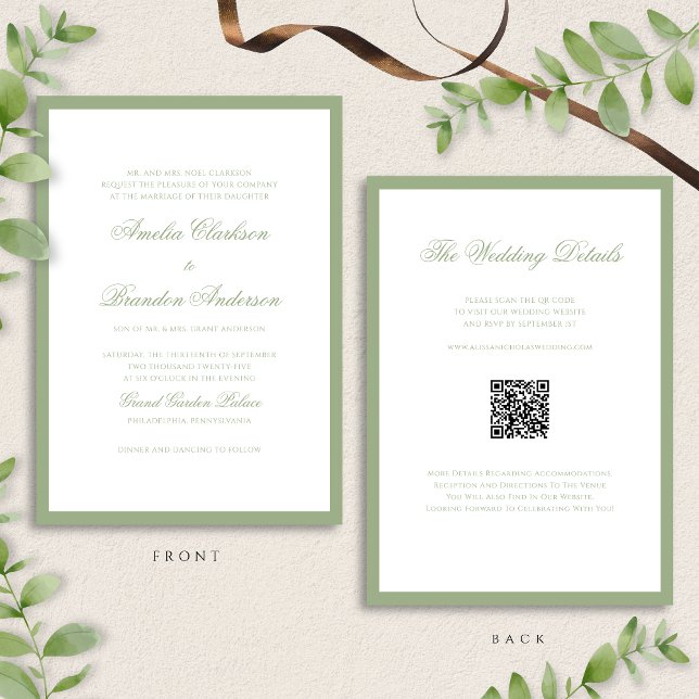 Invitación Classic Real Sage Green & White Wedding QR Code (Subido por el creador)