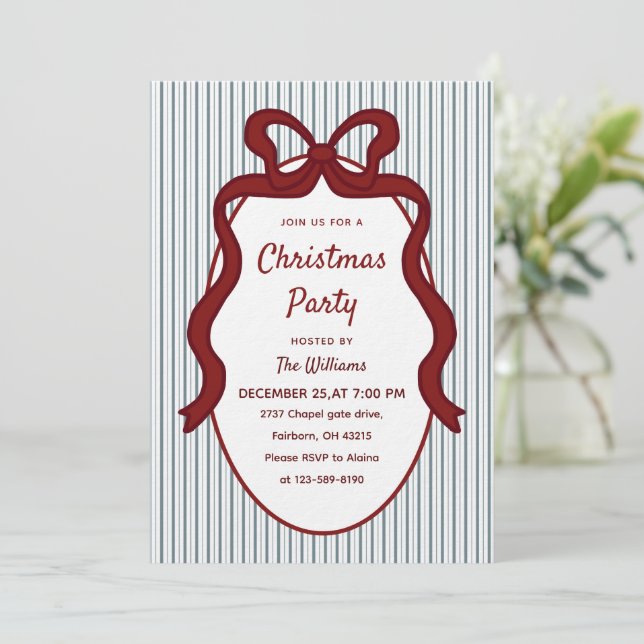 Invitación Classic Red Blue Stripes & Bow Frame Christmas  (Anverso de pie)